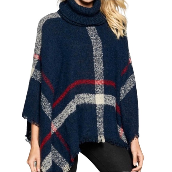 Plaid Navy Poncho Fringe Turtleneck Sweater - Picture 7 of 7